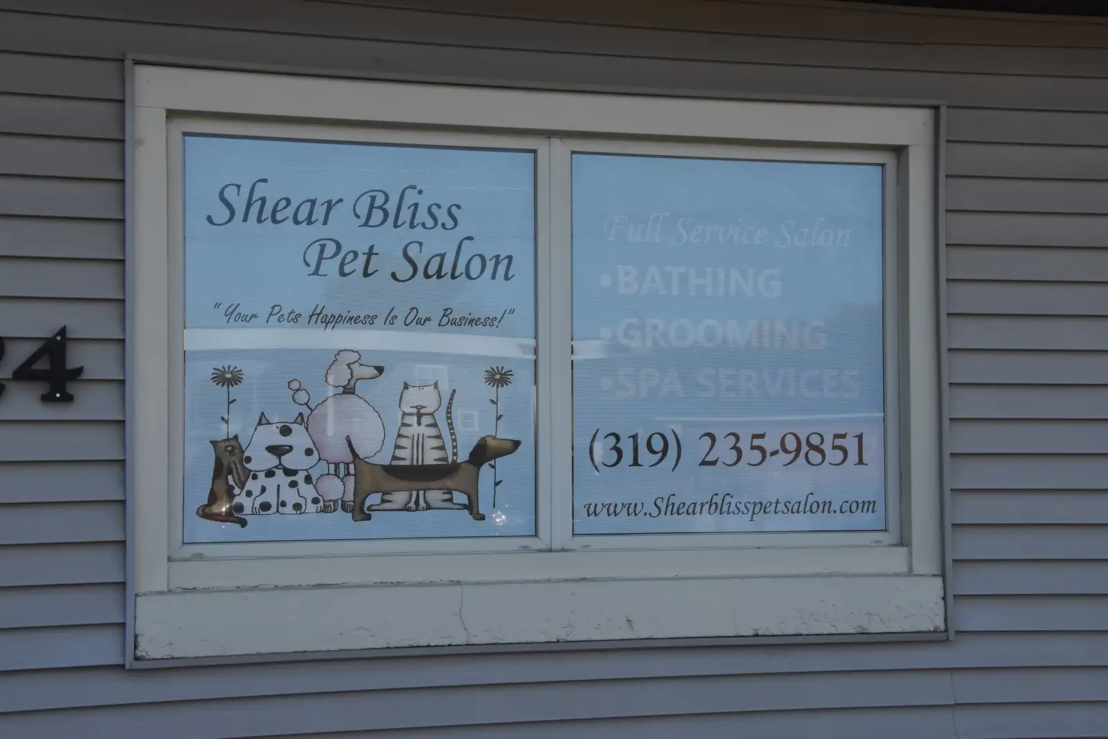 The salon's front window lettering: Full Service Salon, bathing, grooming, spa services